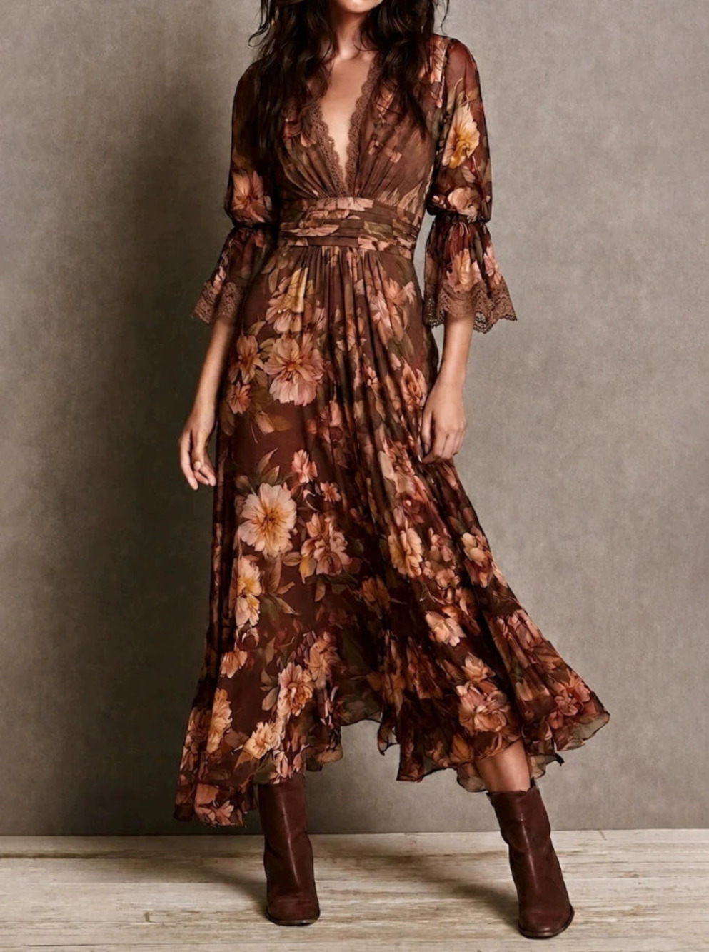 ZARA V Neck Cinched Waist Ruffle Print Dress